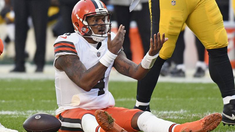 Cleveland Browns quarterback Deshaun Watson (4) reacts after being sacked by Pittsburgh...