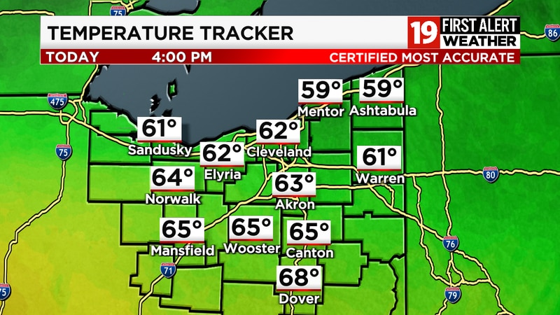 Most in the 60 to 65 degree range at 4:00 p.m.
