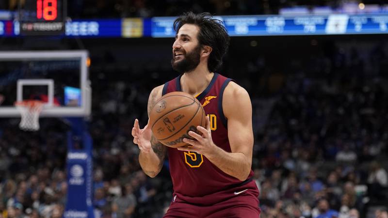 Cleveland Cavaliers guard Ricky Rubio positions to take a shot during an NBA basketball game...